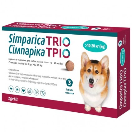 Таблетки Сімпарика ТРІО від бліх, кліщів та гельмінтів для собак від 10,1 до 20кг, 5мг/1табл.