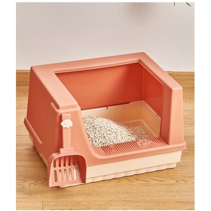 Туалетний лоток для котів з високими бортиками під пісок, селікагель, тофу з лопаткою, рожевий