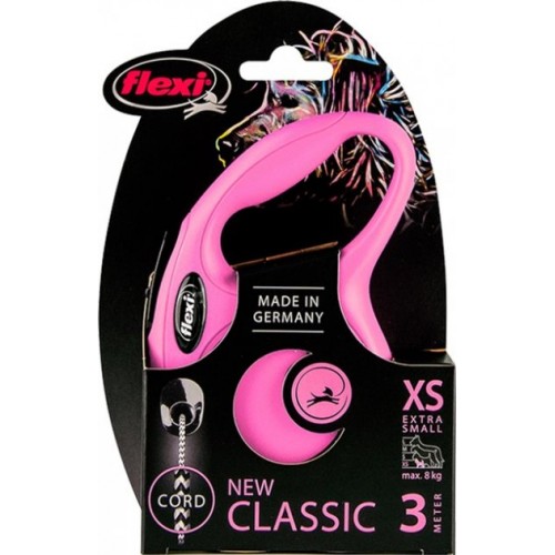 Рулетка для собак с тросовым поводком XS Flexi New Classic розового цвета 3м/8кг