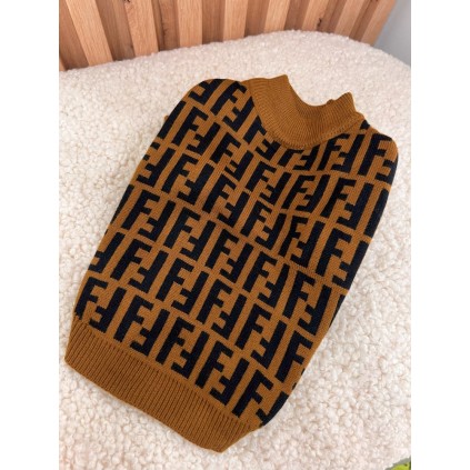 Брендовий светр для собак FENDI з дрібними чорними буками F, коричневий
