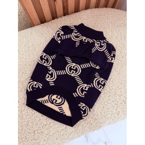 Брендовий светр для собак GUCCI із кремовими значками бренду, синій