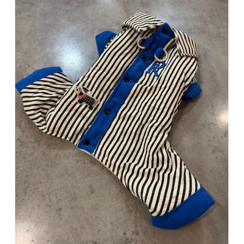 Зимний комбинезон для собак с серыми вертикальными полосами, кнопки на спине, cиний