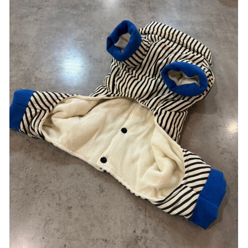 Зимний комбинезон для собак с серыми вертикальными полосами, кнопки на спине, cиний