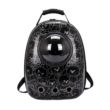 Рюкзак перенесення для собак і котів, кішок Космос Ведмедики паластиковий протний з ілюмінатором, чорний