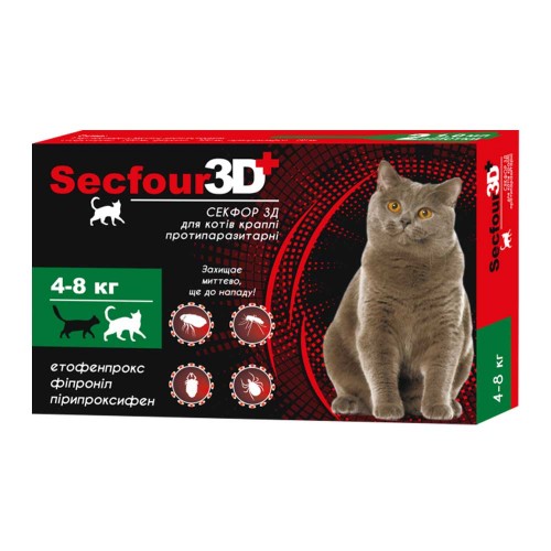 Secfour 3D капли для котов противопаразитные (этофенпрокс/фипронил/пирипроксифен) 1 мл, 4-8кг