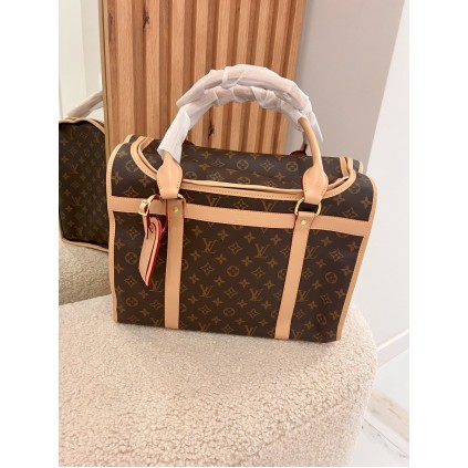Брендовая сумка-переноска для собак и кошек Louis Vuitton с бежевыми ручками и железной сеточкой, коричневая