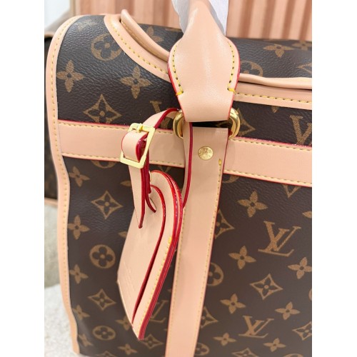 Брендовая сумка-переноска для собак и кошек Louis Vuitton с бежевыми ручками и железной сеточкой, коричневая , фото 2 Брендовая сумка-переноска для собак и кошек Louis Vuitton с бежевыми ручками и железной сеточкой, коричневая