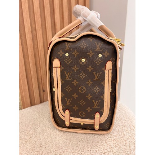 Брендовая сумка-переноска для собак и кошек Louis Vuitton с бежевыми ручками и железной сеточкой, коричневая , фото 3 Брендовая сумка-переноска для собак и кошек Louis Vuitton с бежевыми ручками и железной сеточкой, коричневая