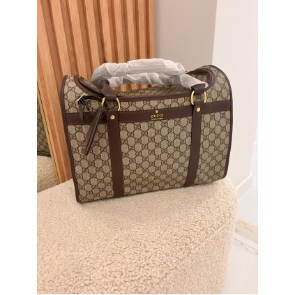 Брендовая сумка-переноска для собак и кошек GUCCI с короткими ручками и железной сеточкой, коричневая
