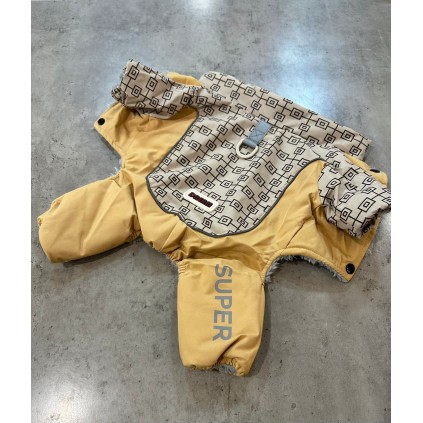 Зимний комбинезон для собак принт в квардатики, светоотражающие полосы, с кольцом на спинке, желтый