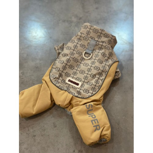 Зимовий комбінезон для собак принт в квардатики, світловідбиваючі смуги, з кільцем на спинці, жовтий