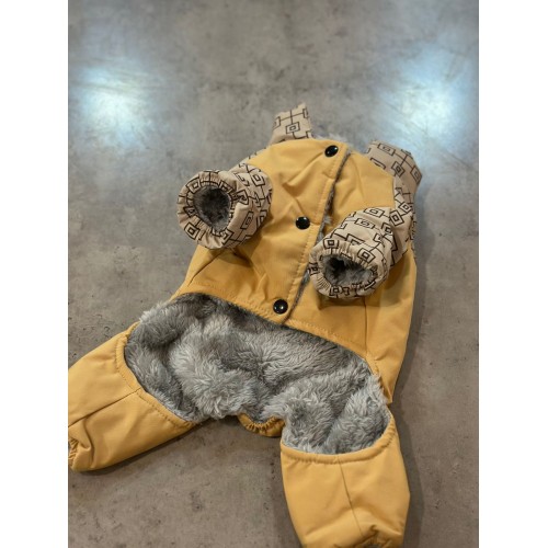 Зимовий комбінезон для собак принт в квардатики, світловідбиваючі смуги, з кільцем на спинці, жовтий