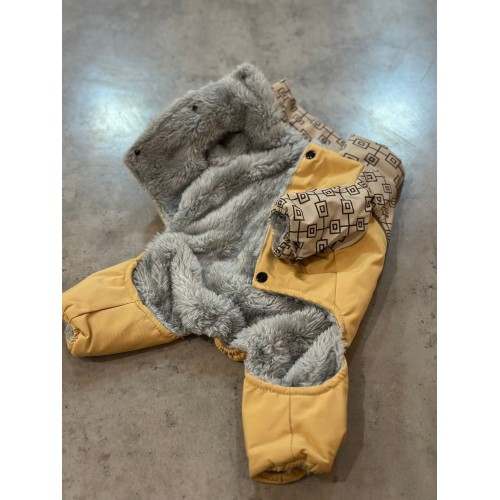 Зимовий комбінезон для собак принт в квардатики, світловідбиваючі смуги, з кільцем на спинці, жовтий