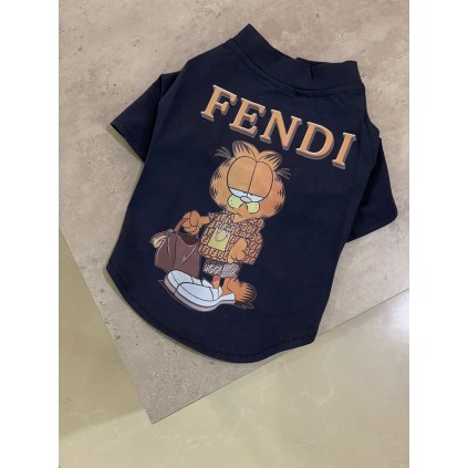 Брендовая футболка для собак FENDI с рыжим котом с сумкой, черная