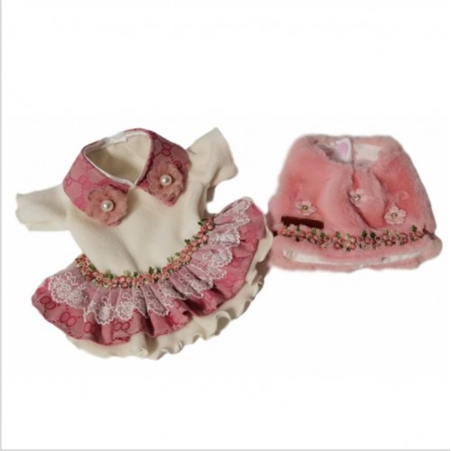 Брендова сукня для собак зимова з хутряним монтоукрашено намистинами та камінням, рожевого кольору