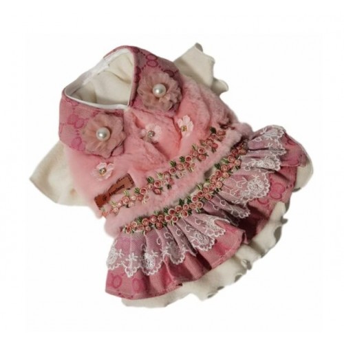 Брендовое платье для собак зимнее с меховым монтоукрашено бусинами и камнями, розового цвета