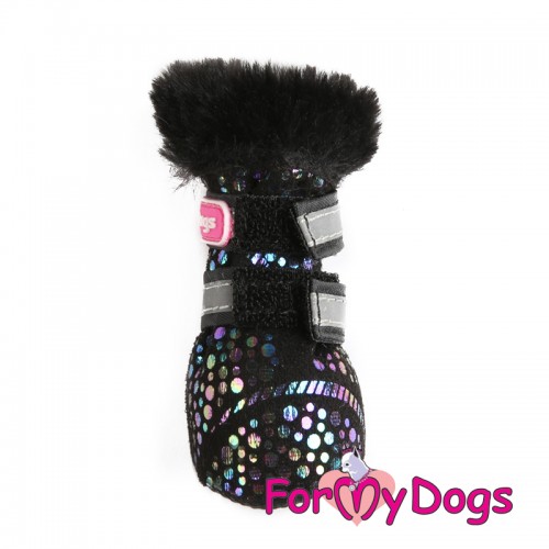 ЗИМНИЕ САПОГИ цельнокроеные для собак FMD искусственная замша черная с блесками с черным мехом