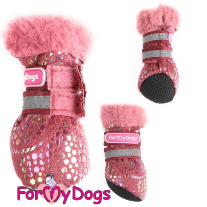 ЗИМНИЕ САПОГИ цельнокроеные для собак FMD искусственная замша розовая с блесками с розовым мехом