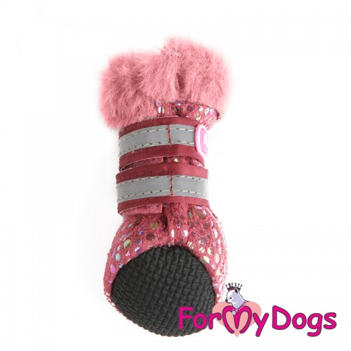 ЗИМНИЕ САПОГИ цельнокроеные для собак FMD искусственная замша розовая с блесками с розовым мехом