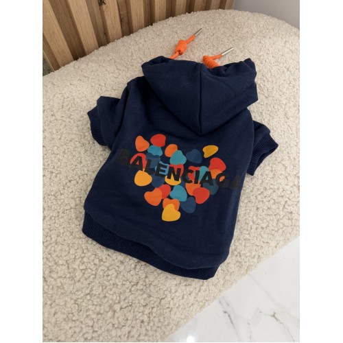 Брендове худі для собак та кішок Balenciaga Hearts Navy | Темно-синя тепла толстовка для вихованців