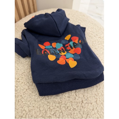 Брендове худі для собак та кішок Balenciaga Hearts Navy | Темно-синя тепла толстовка для вихованців