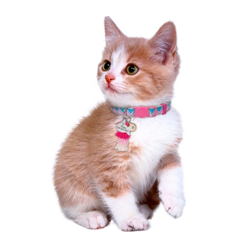 Нашийник для котів нейлоновий в забарвлення з зигзагами, з дзвіночком і пензликом, рожевого кольору