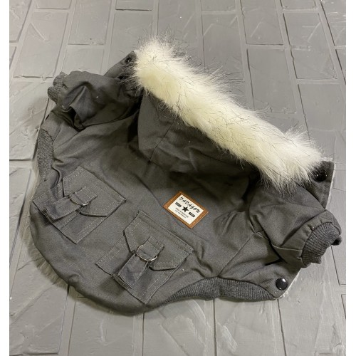Джинсова зимова парка-куртка для собак з кишенями на спинці та капюшоном, сіра