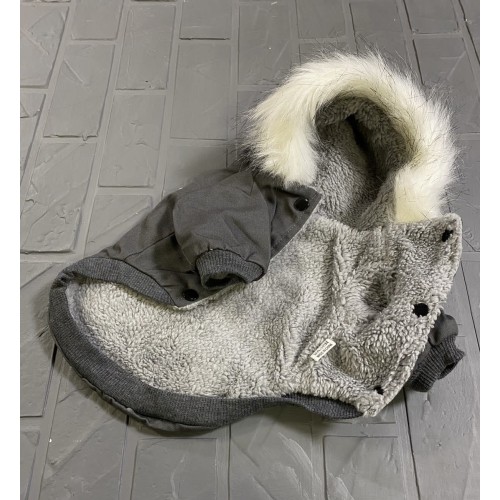 Джинсовая зимняя парка-куртка для собак с карманами на спинке и капюшоном, серая