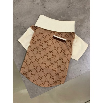 Брендовая футболка поло для собак Gucci с кармашком и белыми рукавами, коричневая