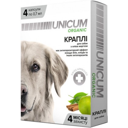 Капли от блох и клещей для собак с маслом маргозы UNICUM Organic 1 амп. 0,7мл