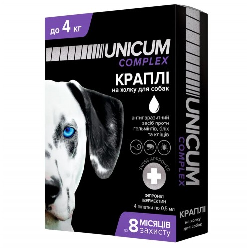 Краплі від бліх, кліщів та гельмінтів для собак до 4кг UNICUM COMPLEX 1 амп. 0,5мл