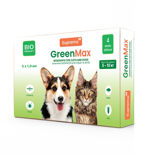 Капли GREENMAX БИО для кошек, мелких собак и кроликов, весом до 5-10кг 1,0мл профилактика от паразитов до 4 недель