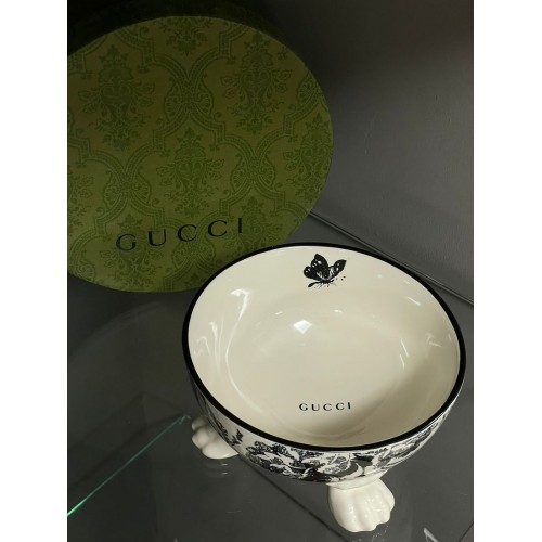Брендова керамічна миска для тварин собак та котів GUCCI з квітами на лапках, синя