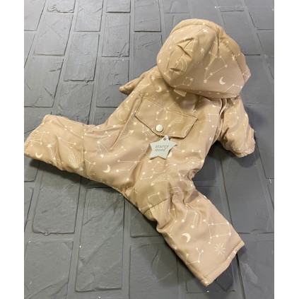 Зимний комбинезон для собак Cheepet расцветка Звездного неба, с карманом на спинке, с капюшоном, кремовый