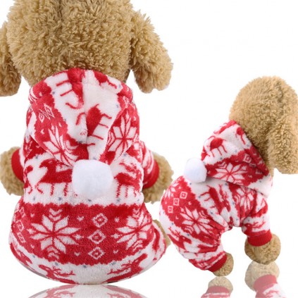 Плюшевый костюм для собак Олени и Снежинки на рисунке, с капюшоном, красный