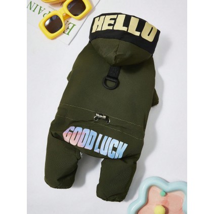 Зимовий комбінезон для собак "Hello, Good Luck" з кільцем на спинці, зелений