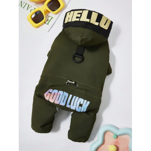 Зимовий комбінезон для собак "Hello, Good Luck" з кільцем на спинці, зелений