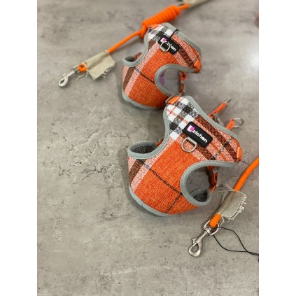Шлея для собак тканевая в Английском стиле, с круглым канатным поводком 120см, оранжевая