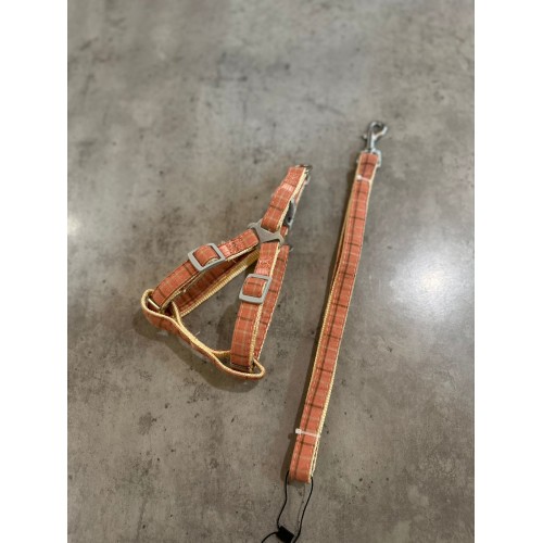 Шлея для собак нейлонова з джинсовим покриттям у клітинку, з повідцем, рожевий