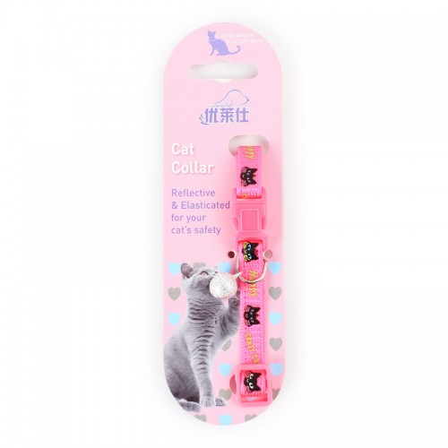 Ошейник для котов с колокольчиком с рисунком Crazy Котики розового цвета