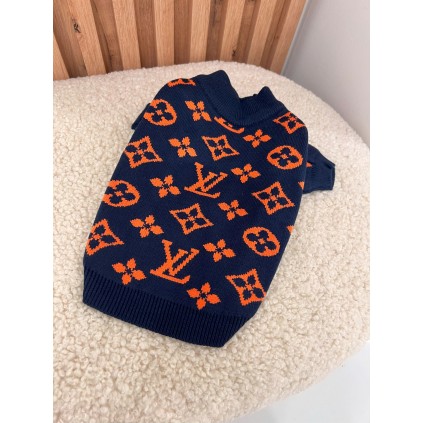 Брендовий светр для собак Louis Vuitton з дрібними помаранчевими логотипами бренду, коричневий