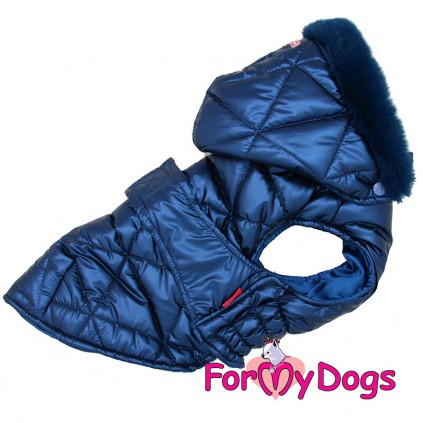 Теплая зимняя куртка-попона для собак For My Dogs"BLUE SILK"на шелковом подкладе, с капюшоном, синий