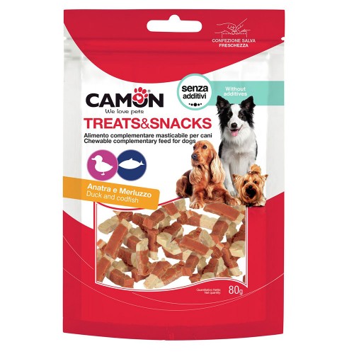 Ласощі для собак м\'ясні Camon шматочки качки та тріски, 80 гр, 3,5x0,5 см