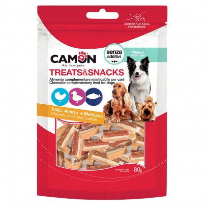 Ласощі для собак м\'ясні Camon шматочки з курки, качки та тріски, 80 гр, 3*1 см
