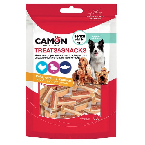 Ласощі для собак м\'ясні Camon шматочки з курки, качки та тріски, 80 гр, 3*1 см