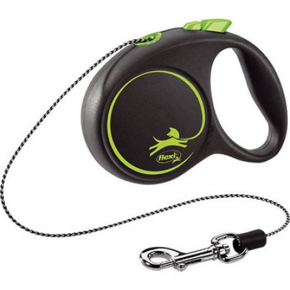 Черная рулетка для собак с тросовым поводком XS Flexi Black Design с зеленым цветом 3м/8кг