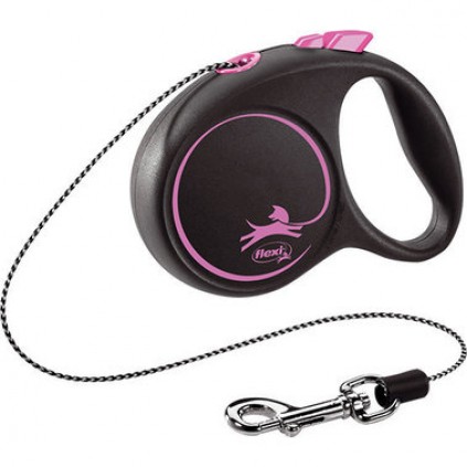 Черная рулетка для собак с тросовым поводком XS Flexi Black Design с розовым цветом 3м/8кг