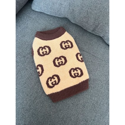 Брендовый свитер для собак GUCCI без передних лапок, с большими коричневыми значками бренда, бежевый