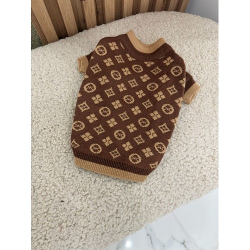 Брендовий светр для собак LV з дрібними логотипами бренду та бежевими краями, коричневий
