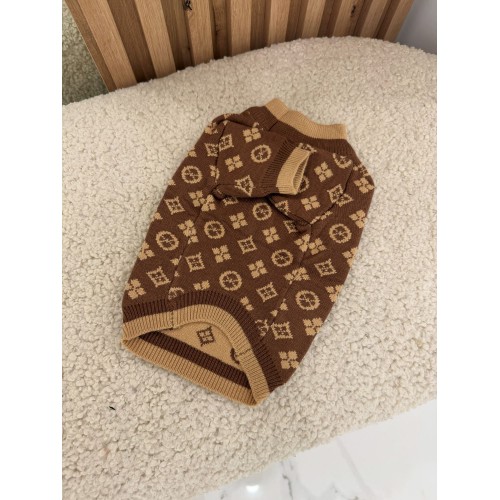 Брендовий светр для собак LV з дрібними логотипами бренду та бежевими краями, коричневий
